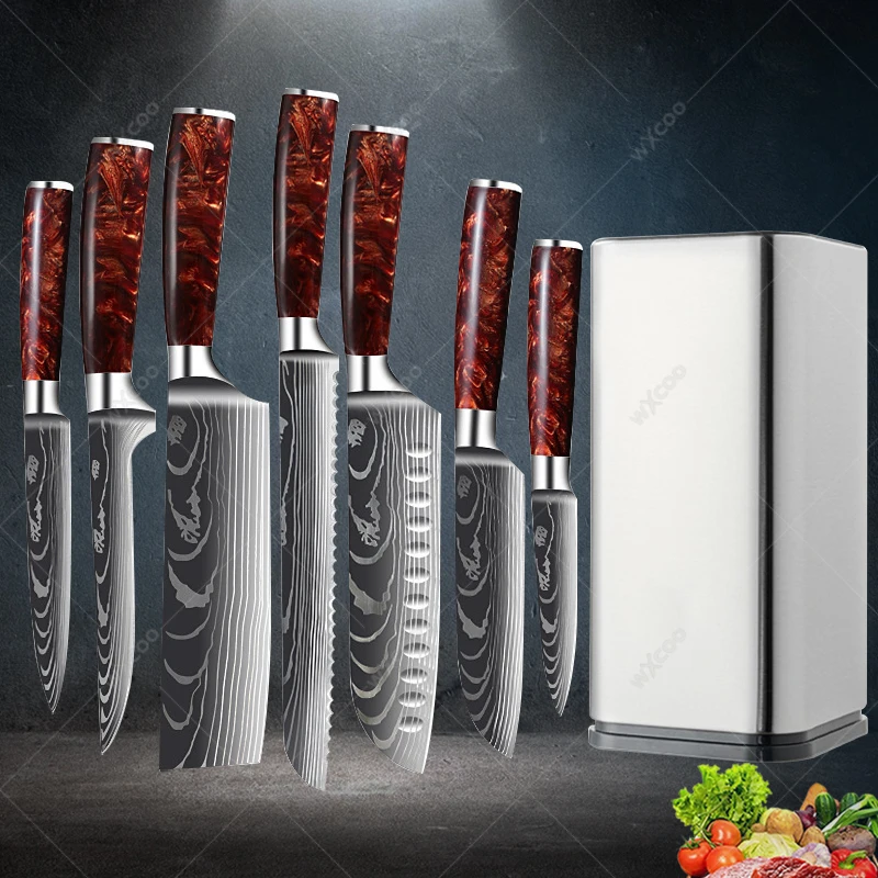 

Stainless Steel Boning Knife Kitchen Tools 1-8pcs Meat Vegetable and Fruit Slicing Knife Red Resin Handle Damascus Pattern Knife