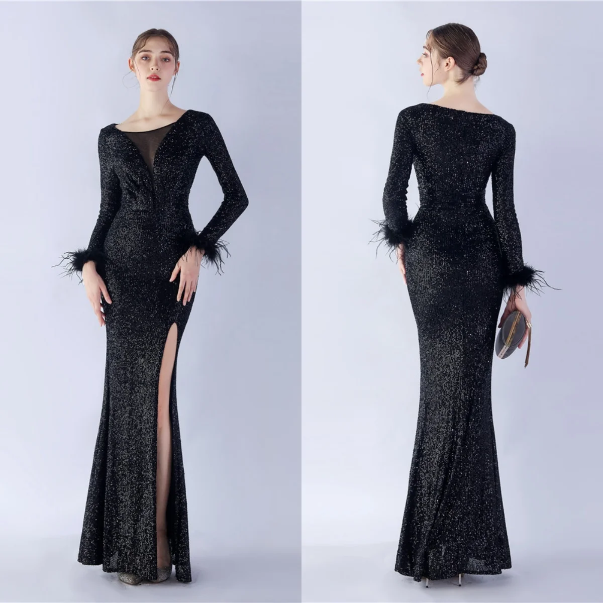 

Evening Dress Black Stretchy O-neck Full Sleeves Feather Zipper Mermaid Trumpet Floor Length Slit Women Party Formal Gown YE343