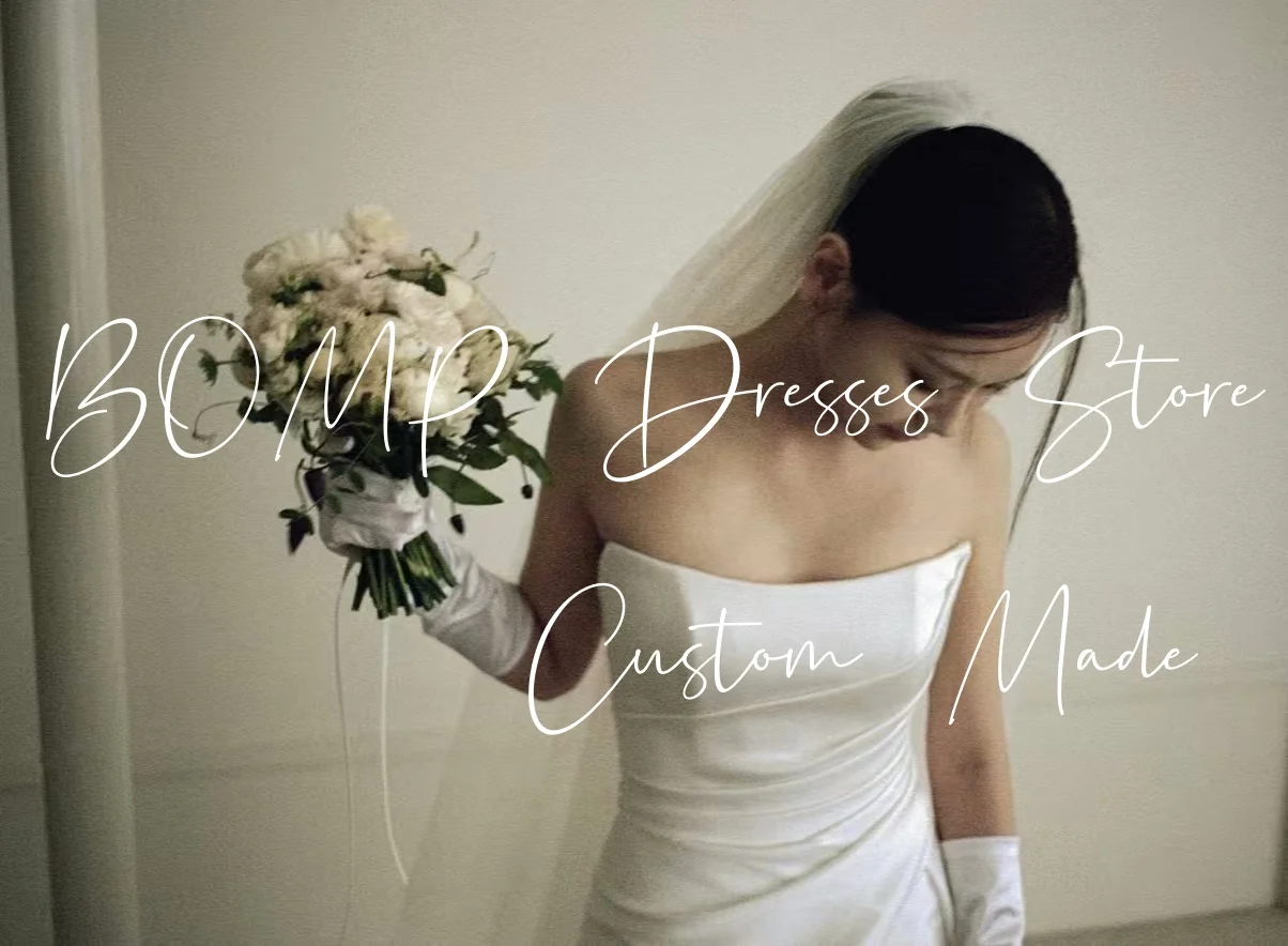 BOMP 심플 플리츠 웨딩 드레스 Strapless Draped Sweep Train 화이트 태피터 한국 사진 촬영 신부 리셉션 가운 맞춤형