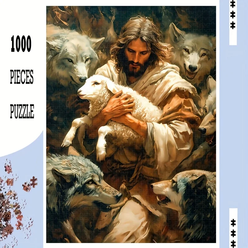 

1000pcs Extra Large Jigsaw Puzzle - Jesus with Lamb & Wolves Religious Scene, 50x70cm/19.7x27.6in Giant Puzzle for Adults & Fa