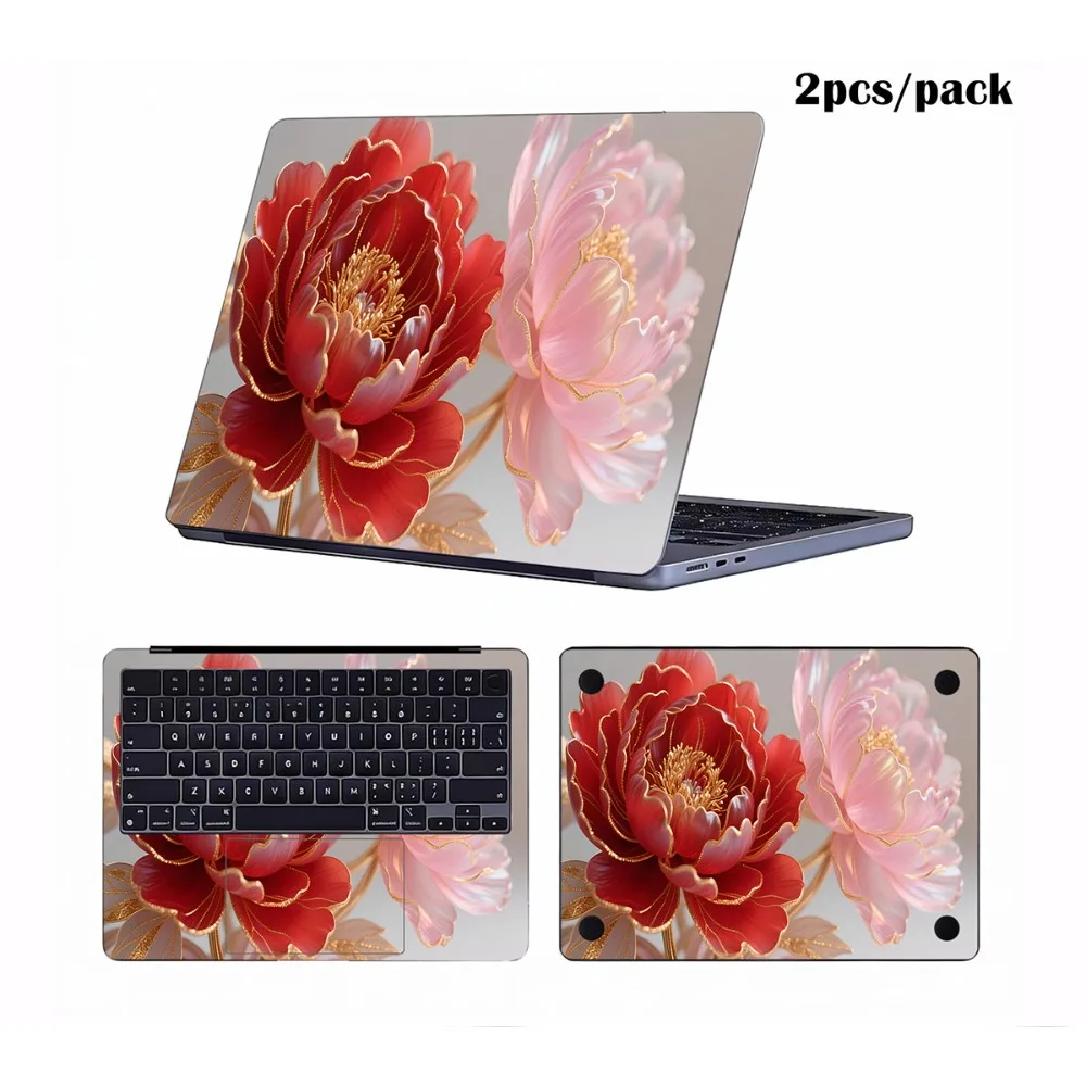 Golden Line Red Peony Floral Laptop Skin Anti Scratch Protective LaptopsStickers for Universal MacBook Cover Art Mural Decals