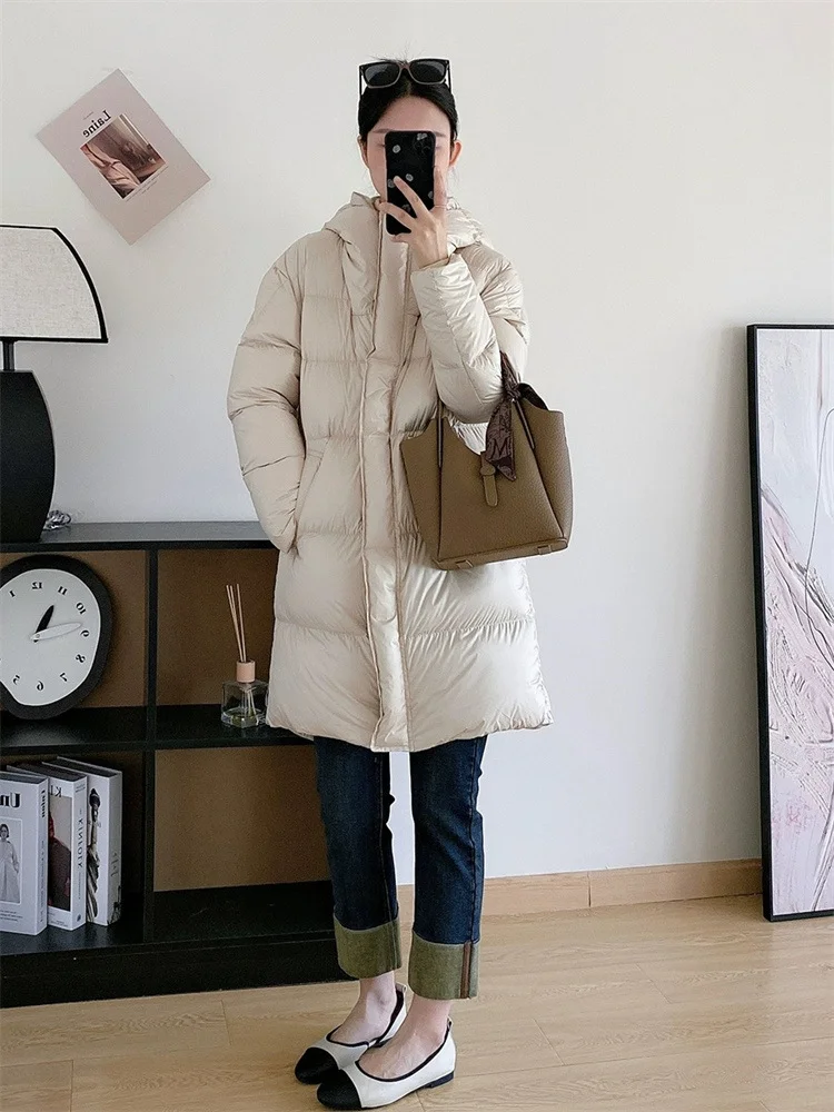 Women's Puffer Jacket Winter Coat Female White Goose Down Thick Warm Down Jackets Simple Casual Loose Hooded Women's Outerwears