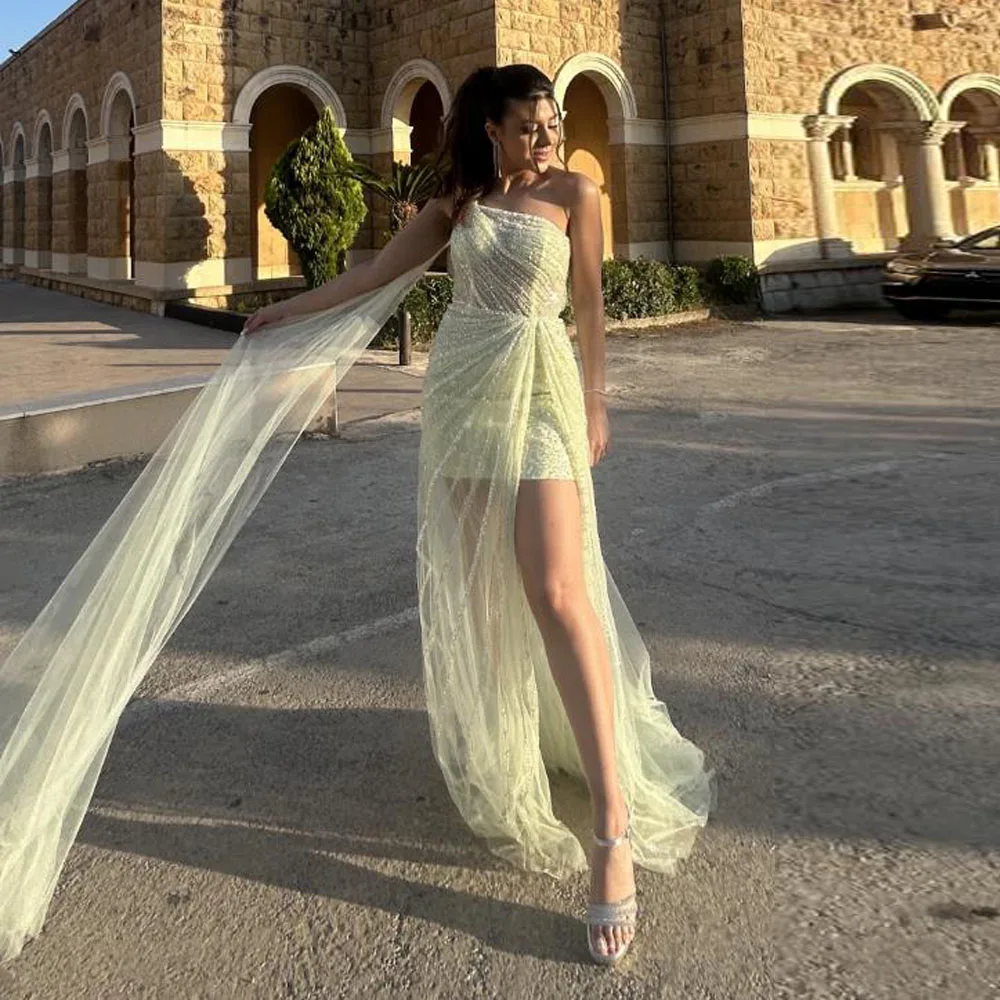 

Customized One Shoulder Beaded Tulle for Women Butter Yellow Sheath Mini Dress with Overskirt Sequin Cocktail Dresses