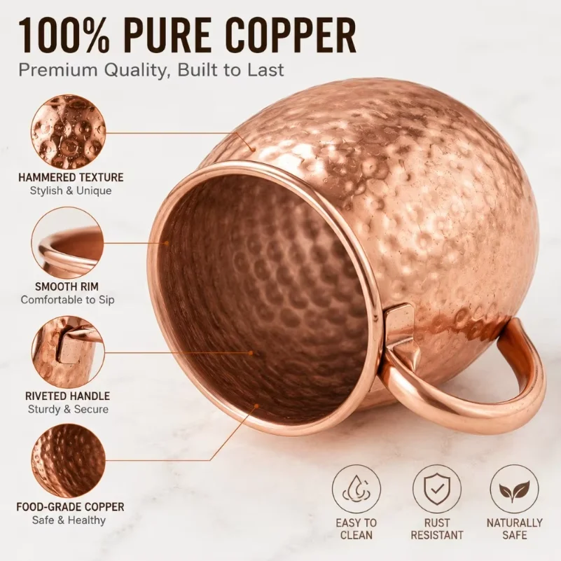 1Pc Pure Copper Mug 500ml Solid Metal Coffee Cup 17oz Cocktail Beer Milk Drinking Mug for Bar Kitchen Party Beverage Use view 5