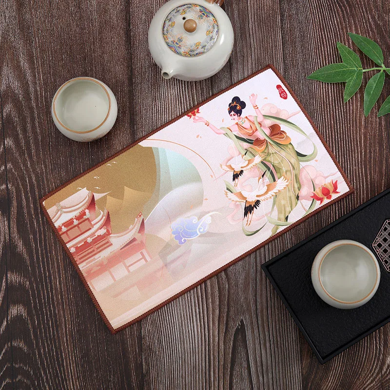 Chinese Zen Style Tea Towel Thickened Super Absorbent Kitchen Rag with Ancient Painting for Tea Ceremony Household Accessories