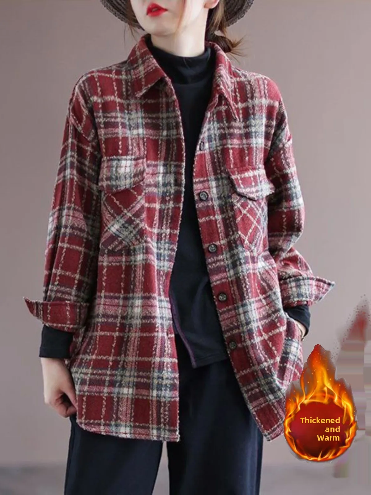 

Шерстяное пальто в клетку в стиле ретро, женское свободное пальто больших размеров Thi Warm irt, корейское длинное пальто с воротником свека, обычная длина