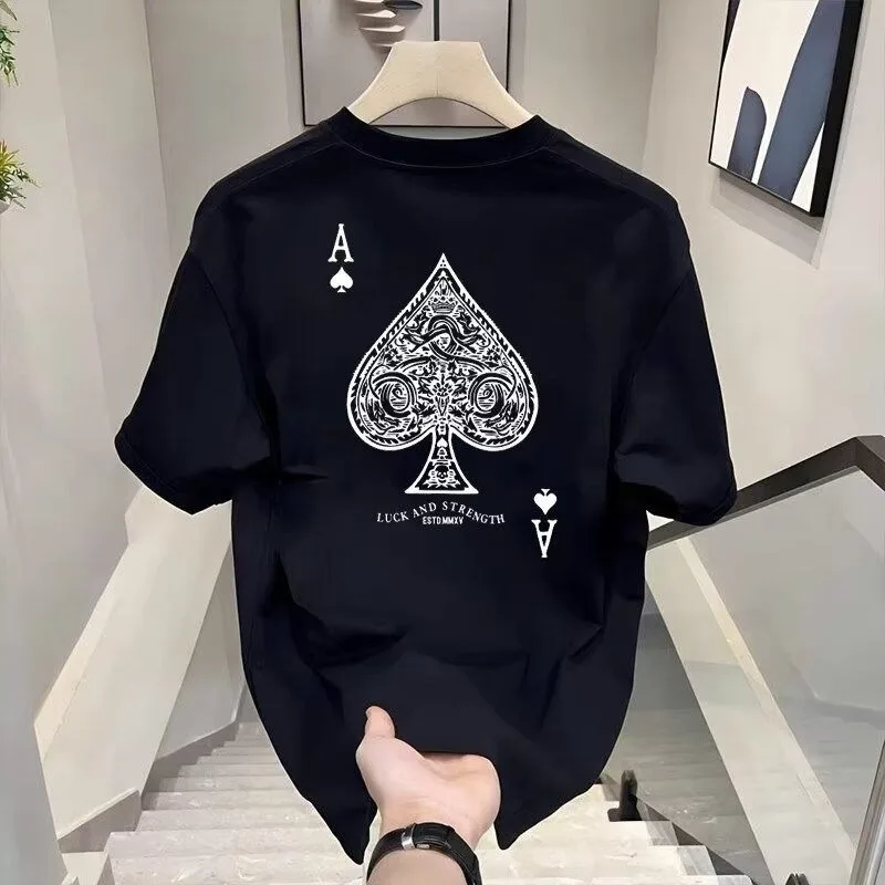 

Creative Poker Spades A Double sided Printed 2026 New Men's Fashion Edition Super Cool Versatile Pure Cotton T-shirt