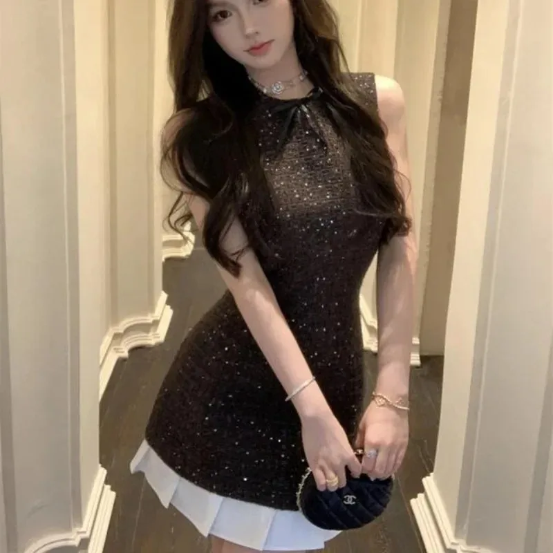 Temperament Celebrity Sleeveless Dress Women Korean Bow Round Neck Patchwork Sparkling Pleated Slim Fashion Autumn Female Wear