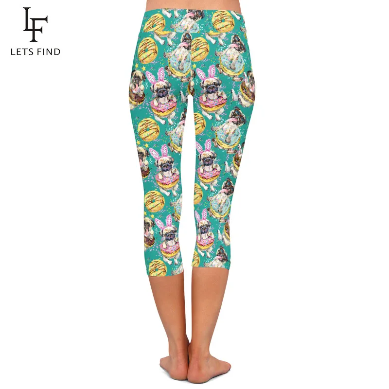 LETSFIND Cute Dog and Donuts Print Women Capri Leggings High Waist Fitness Elastic Soft Slim Leggings