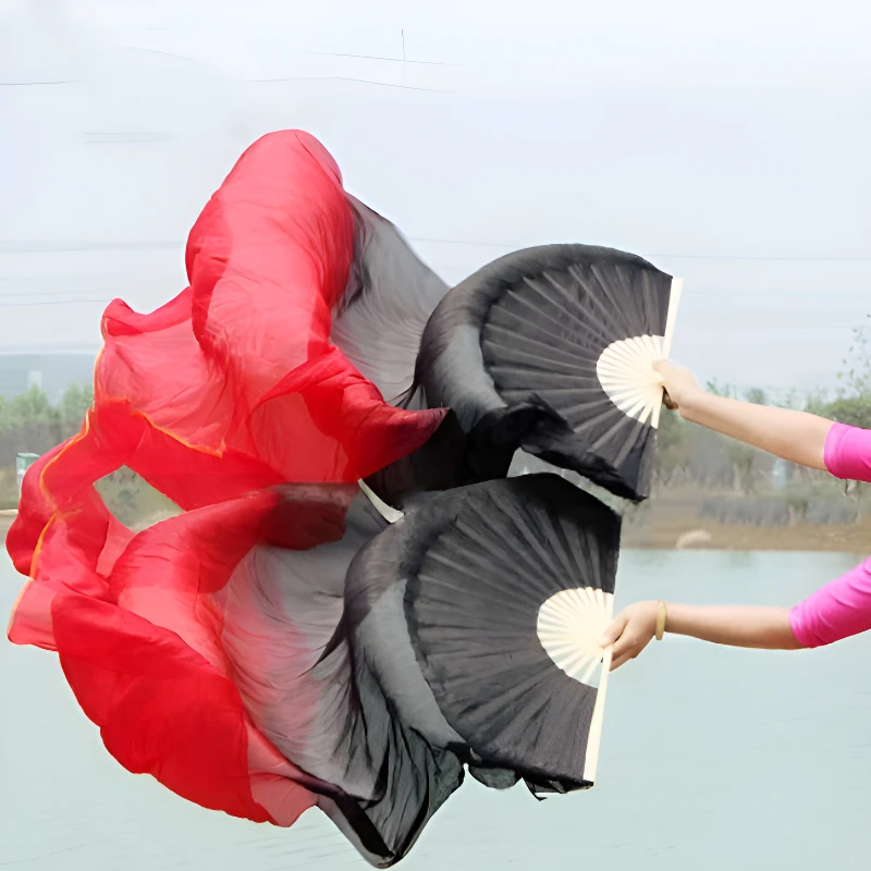 1 Pair(Left+Right) Women Faux Silk Belly Dance Fan Veil 180cm Artificial Silk Bamboo Fans Long Folding Dancing Fabric Fans