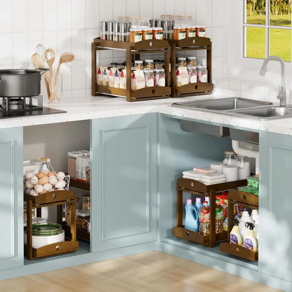 منظم حوض الخيزران بطبقتين، درج منزلق للتخزين للمطبخ والحمام، سهل التجميع، لمسة نهائية من خشب الجوز