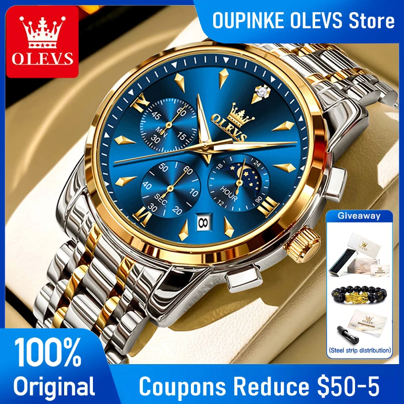 

OLEVS Watches Man 3639 Original Brand Multifunctional Chronograph Quartz Watch Moon Phase Stainless Steel Watches Man Box Gifts