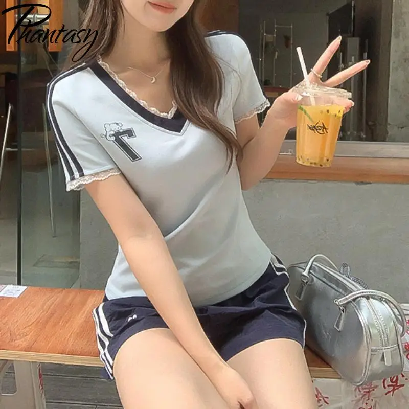 

Phantasy Lace Stitching Blue V-Neck Shoulder Short-Sleeved T-Shirt Women's 2025 Summer New Design Pure Casual Style Chic Top