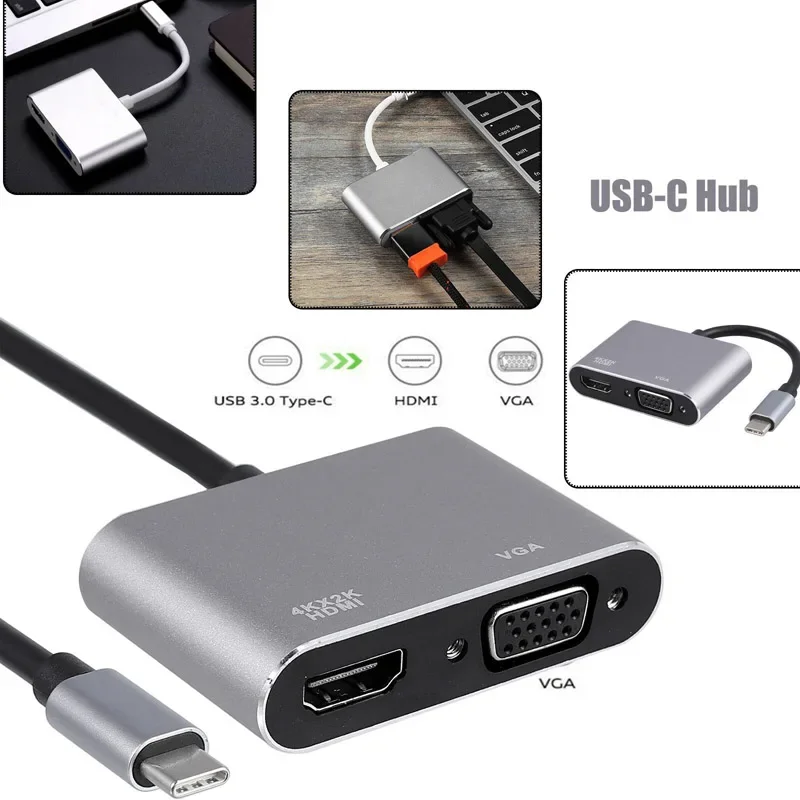 2 in 1 USB 3.1 4K Type C USB-C to VGA HDMI-compatible Adapter Video Multi Port Converter Adapter for Macbook Samsung Xiaomi