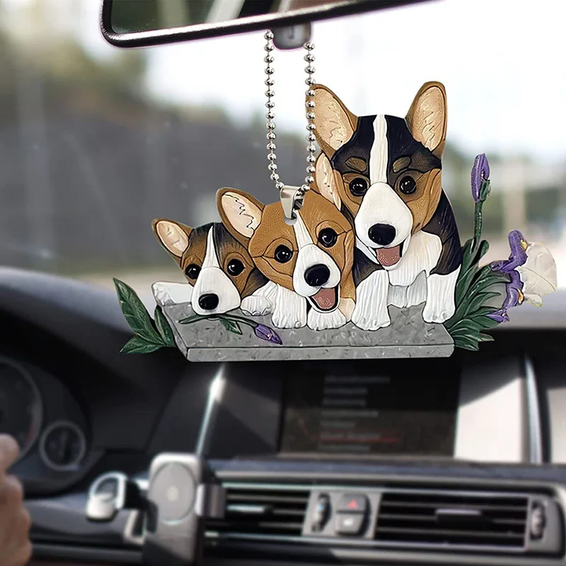1PCS Creative Cartoon Cute Animal Corgi Dog Car Pendant Acrylic Auto Rearview Mirror Hanging Ornament Decoration Car Accessories
