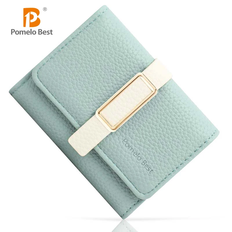 Pomelo Best Cartera corta plegable de color sólido, monedero plegable portátil, tarjetero para mujer, azul pizarra