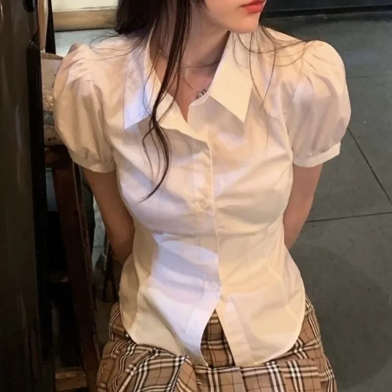 White Puff Sleeve Shirts Women Tunic Korean Style Y2k Summer Sweet Girlish Lady Fashion Crops Casual Harajuku Turn Down Collar