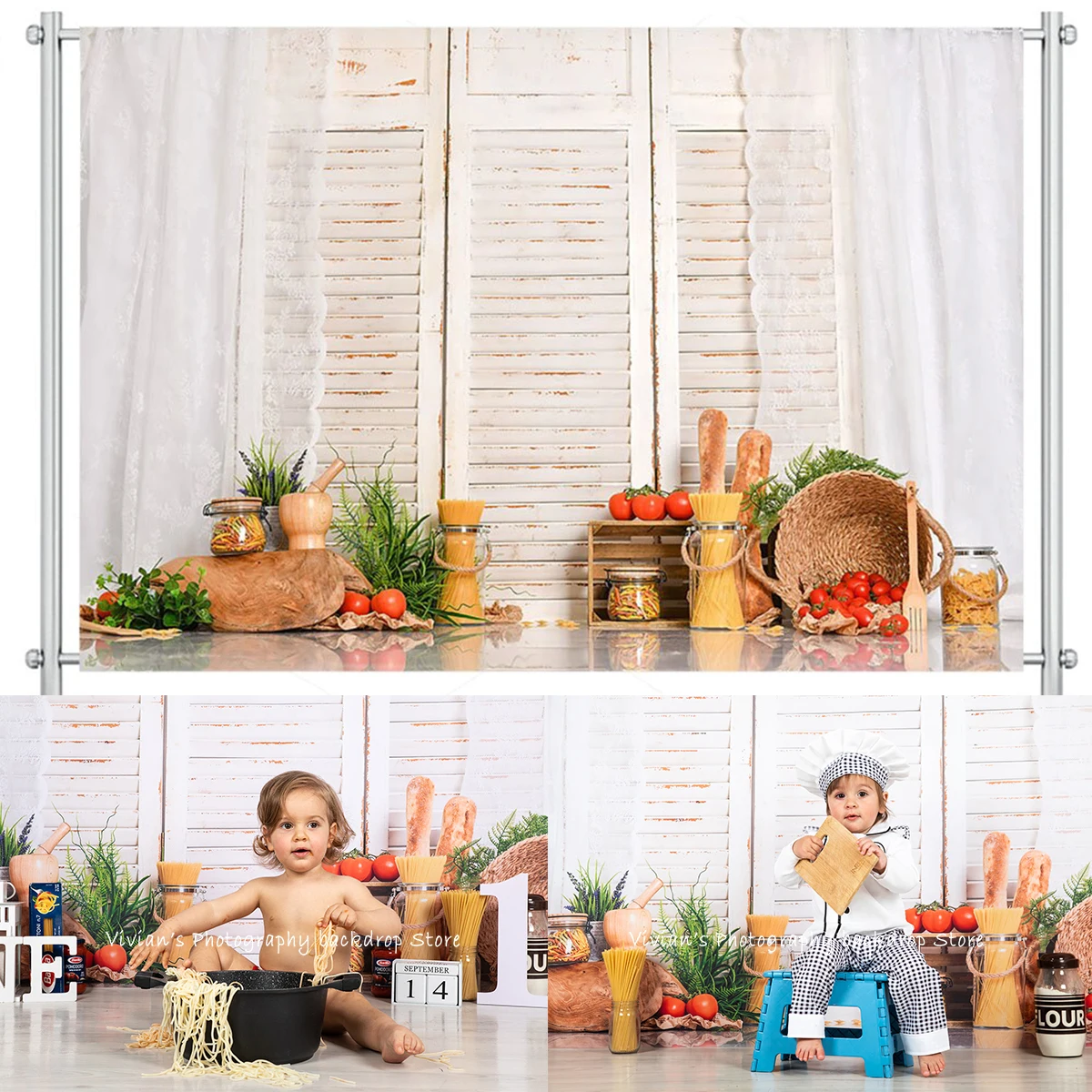 Wood window Photography Kitchen Photography Backdrop Basket vegetables Decorations white curtain Background Photobooth