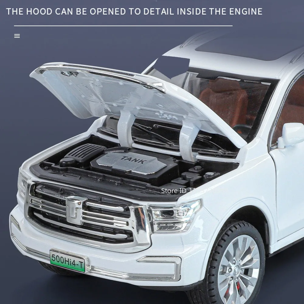 1:24 tanque 500 300 modelo de coche en miniatura de juguete aleación Diecast vehículos todoterreno sonido luz puertas abiertas tirar hacia atrás para regalos de niños