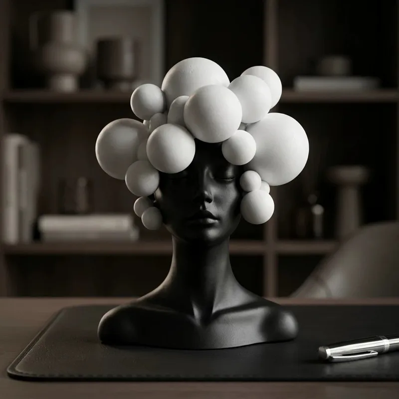 Minimalist Geometric Black and White Color Blocked Portrait Sculpture Model, Modern Abstract Girl Niche Art Decoration Crafts