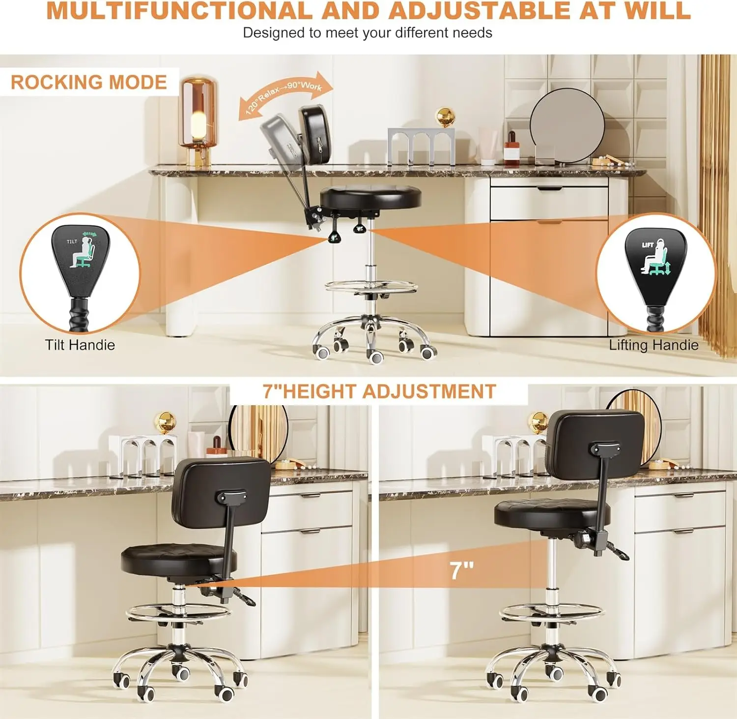 Tabouret à Roulettes avec Piste de Roulement et 250-500 aux Pieds, Dossier Réglable, Recommandé, RapDuty, Capacité de Poids Artériel 400, Salon, Spa