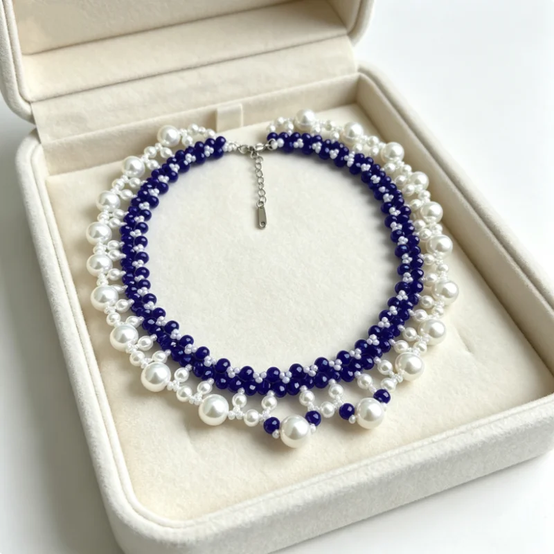 Purely Hand-Woven Mesh Necklace with Pearls and Crystals Arranged in Multiple Layers and Interwoven Patterns