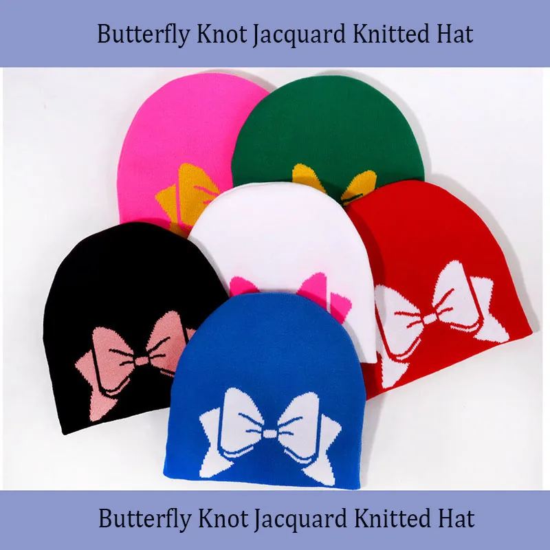

Bow Knit Hat Acrylic Jacquard Pattern Hooded Hat Outdoor Sports Brimless Hat Warm Hip-hop Pullover Hat Fashionable Autumn Winter