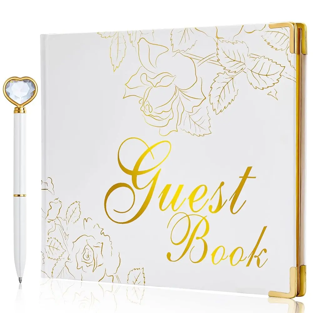 

Книга для гостей с ручкой – 9x7 дюймов, твердый переплет, 120 страниц/60 листов, с золотым тиснением по краям, для подписей гостей на свадьбу, вечеринку, рождение ребенка или другое торжество.