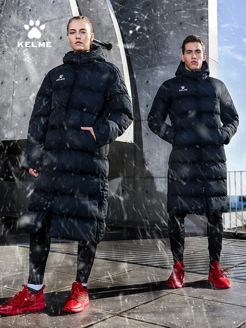 KELME Męska kurtka zimowa Długi sportowy trening Płaszcz z kapturem Odzież wierzchnia Ciepła jedwabna bawełna Wiatroodporna odzi