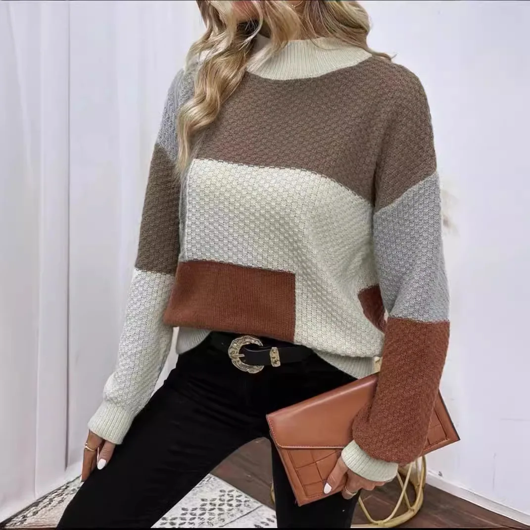 

Осень-зима 2025 г., женский контрастный пуловер с круглым вырезом, универсальный свободный и ленивый свитер, вязаный топ