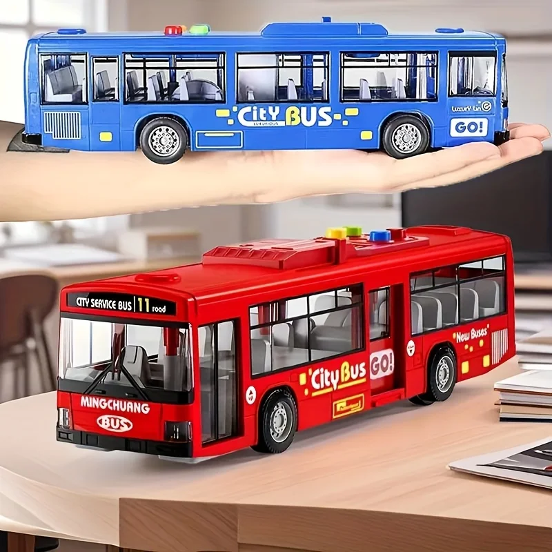 12インチシミュレーション両開きドア慣性バスプルバックモデルおもちゃの車、ライトと音楽付き、男の子と女の子の教育ギフトに最適