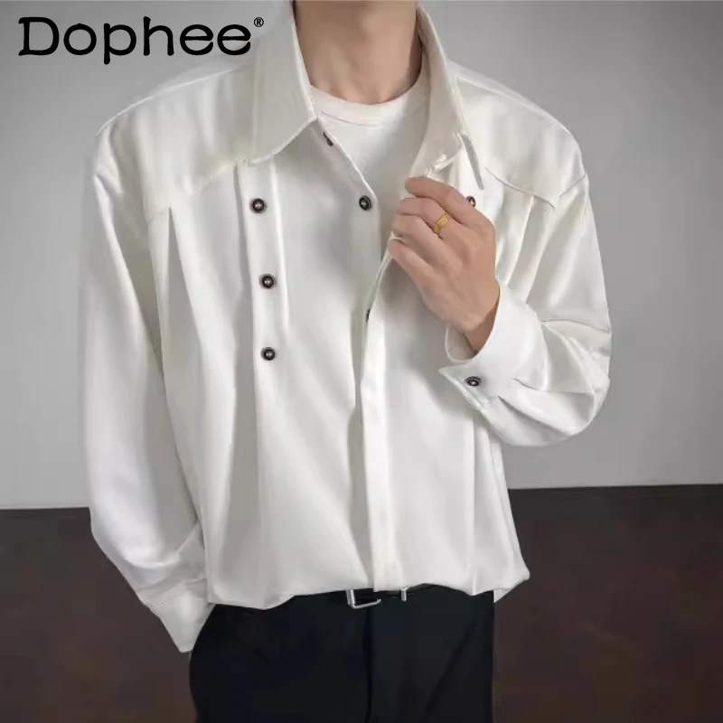 

Мужские однотонные рубашки с длинными рукавами на весну и осень 2026, модные свободные рубашки оверсайз с украшением на пуговицах, удобные шикарные топы