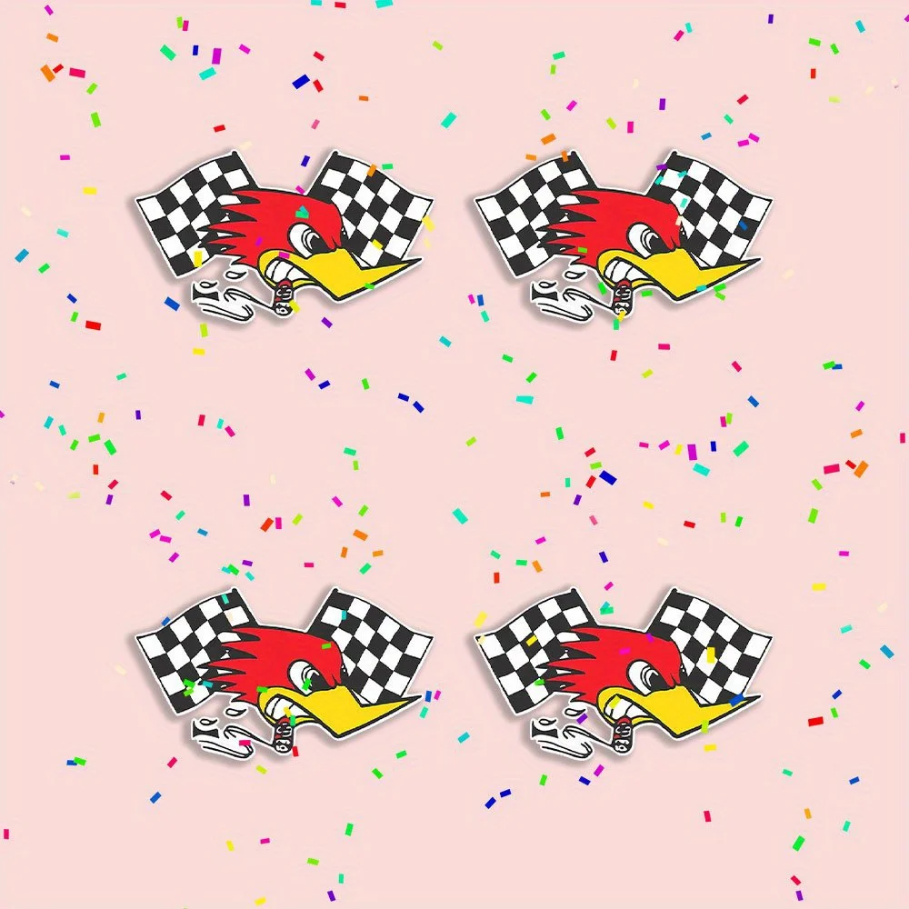 4 Stück/Set Cartoon-Vogel Karierte Flagge Vinyl-Aufkleber Rot-Gelb Wasserdichte Aufkleber für Auto Fahrzeugzubehör