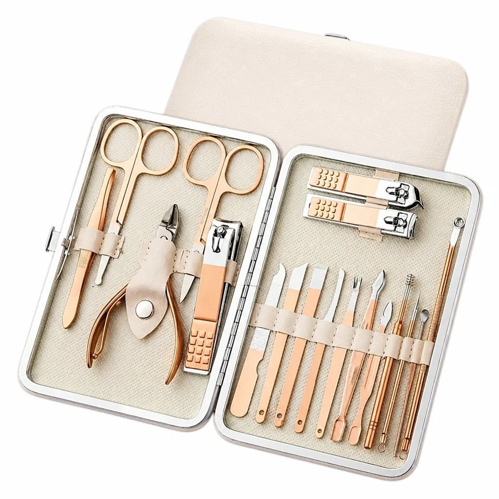 Manicure Pedicure Set Nail Clippers Kit Rose Gold Stainless Steel Cuticle Tools 7 10 12 15 18PCS Leather Case Travel Gift
