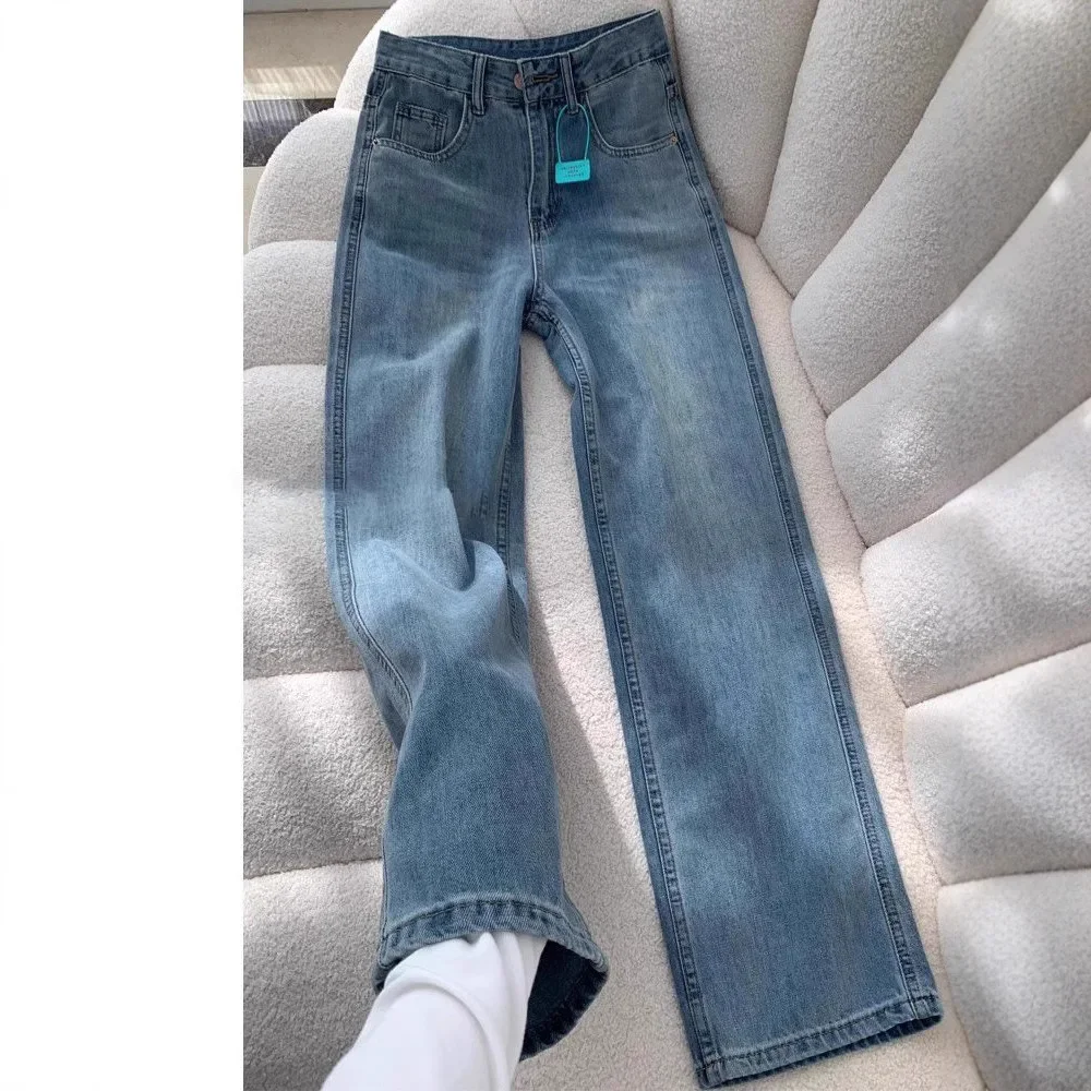 

Wide Leg Jeans Women Denim Straight Pants Floor Length 2025 Streetwear High Waist Pockets Distressed Mom Jeans Vintage Trousers