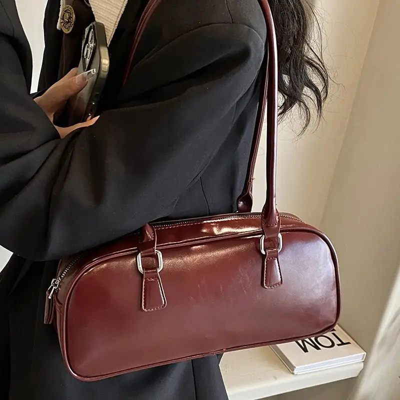 Retro Women\'s Wine Red Underarm Bag High Qulitity Glossy PU Ladies Large Capacity Totes Shoulder Bags French Female Handlebags