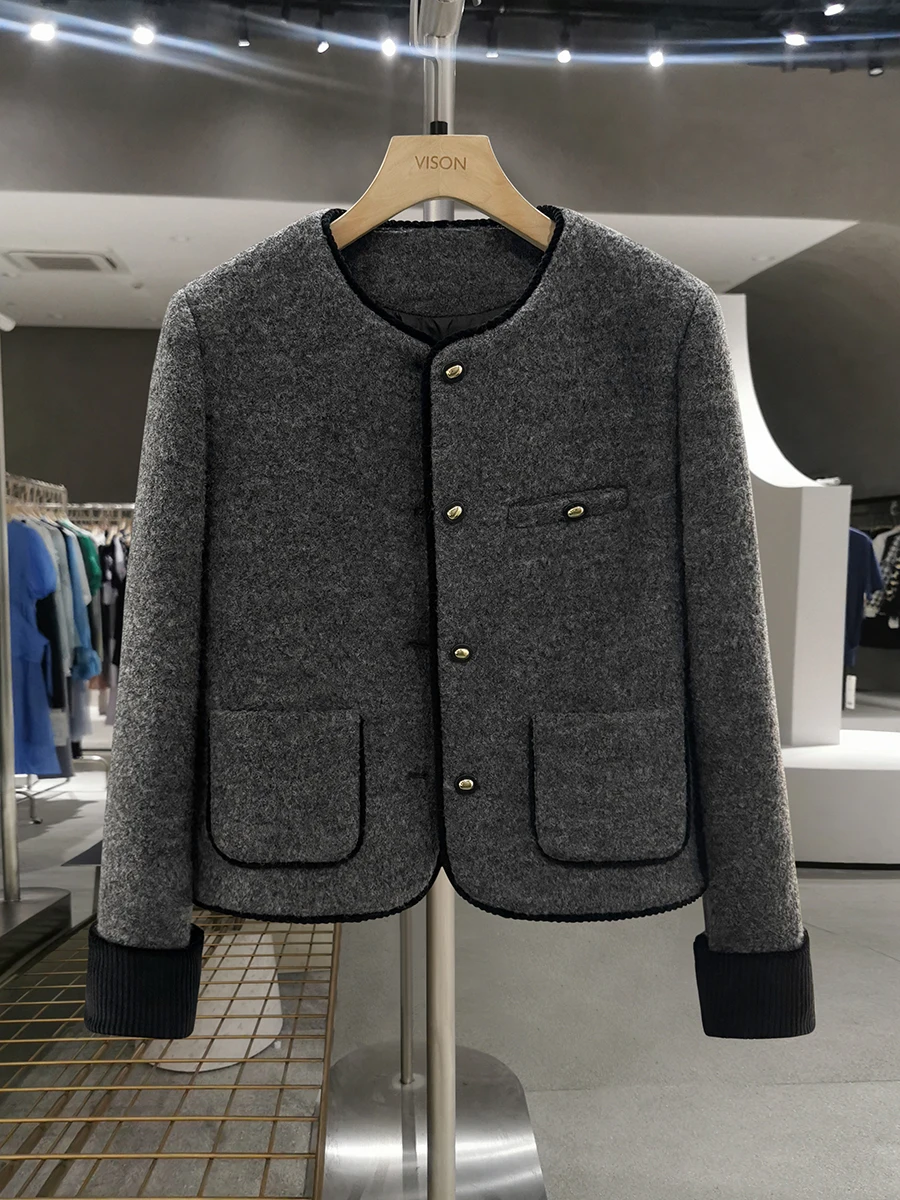 

ey Ele Woolen Coat Inner down Filling Women's Faionable ort Top Winter Precise Sle Straight Cut Pure Color Button...