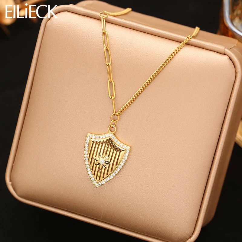 

EILIECK 316L Stainless Steel Luxury Bling Zircon Shield Pendant Necklace For Women 18K PVD Plated Neck Chain Waterproof Jewelry