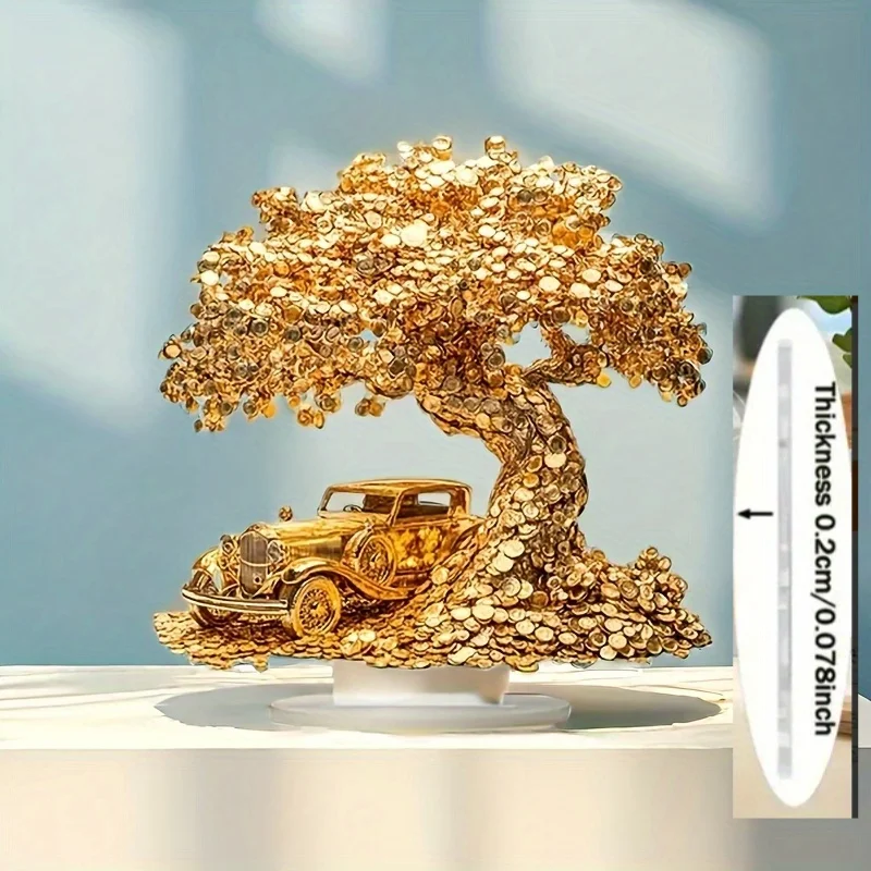 Elegant 2D Money Tree Sculpture Paired with a Vintage Car Base, Golden Acrylic Desktop Art for Home And Office Decoration, Luxur