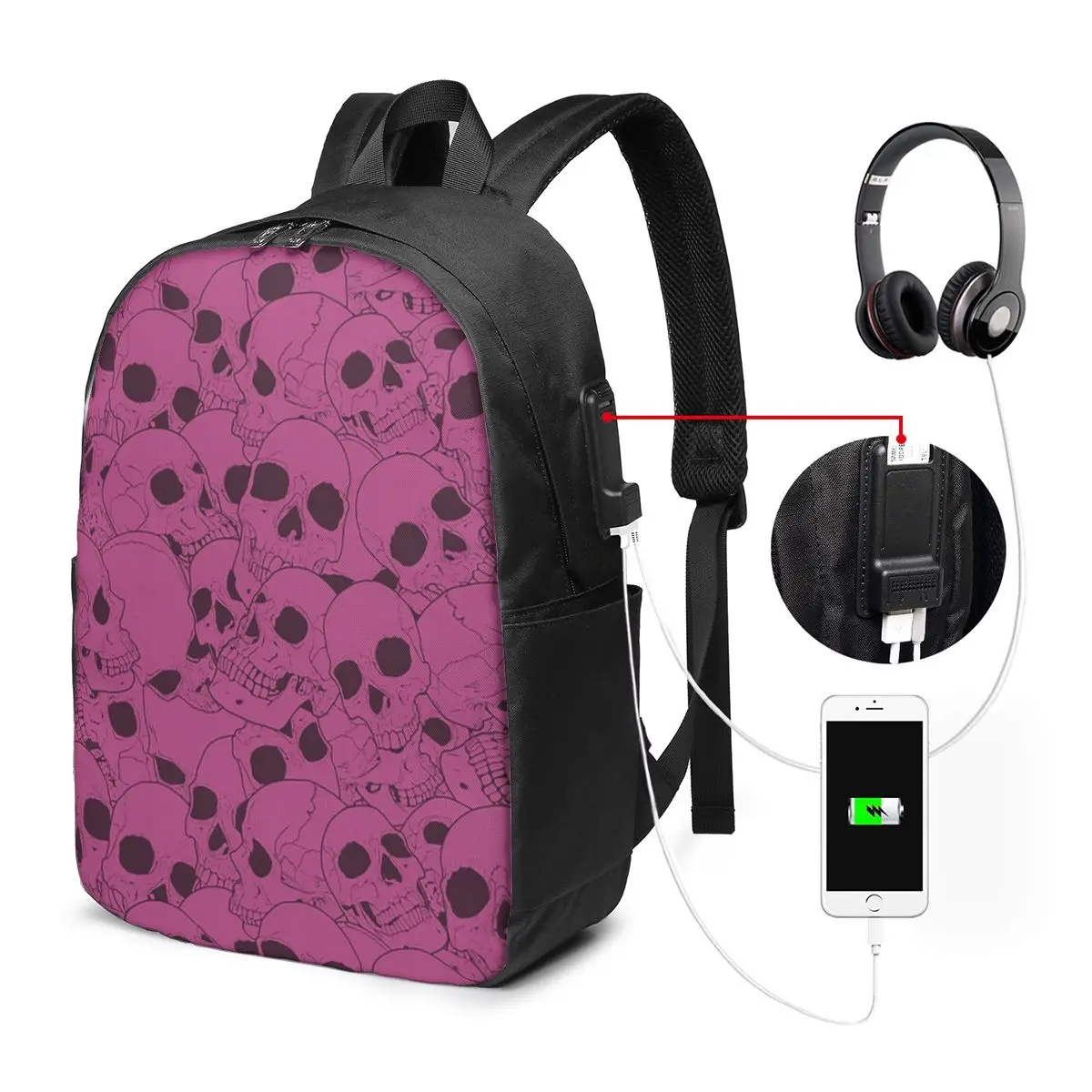 Pink Skull Pattern Backpack Travel Notebook Bag Computer College Student School Bag Laptop Shoulder Bags for Men Women