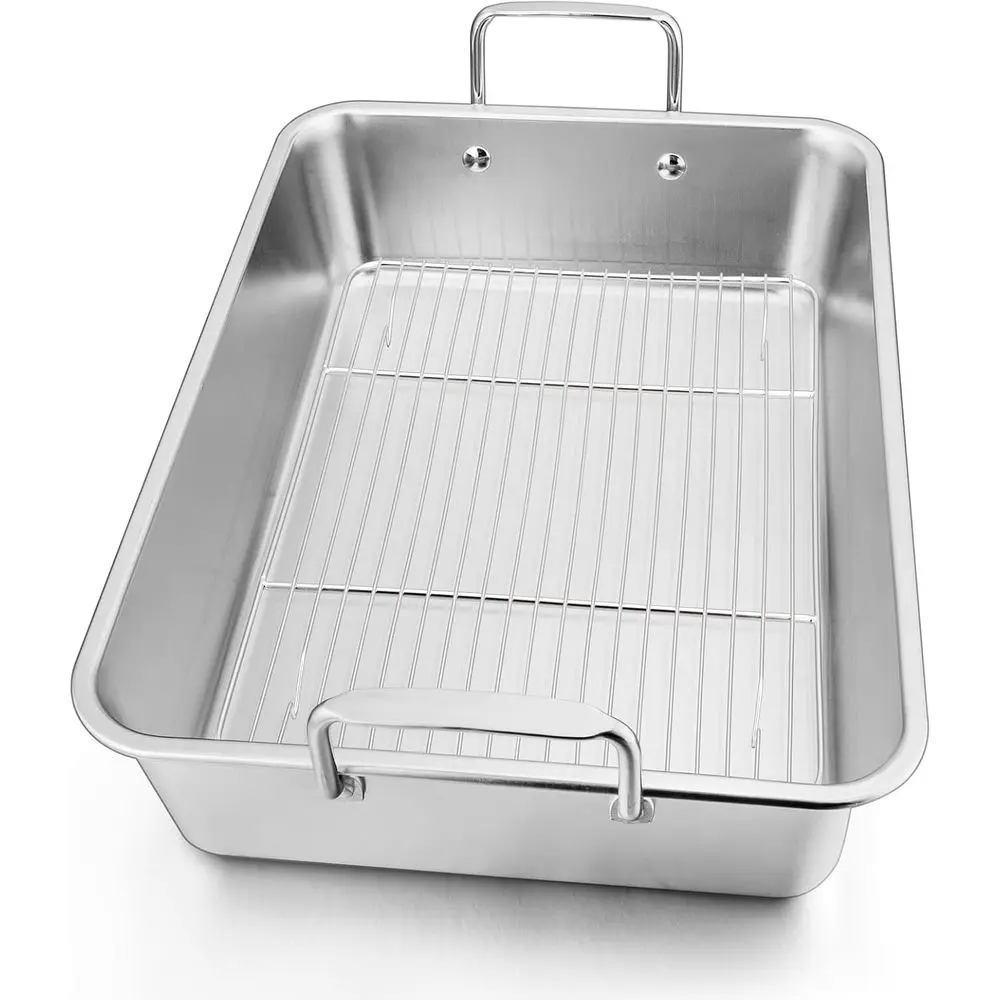 

14 Inch Roasting Pan with Rack, Leonyo Large Turkey Roasting Pan, StainlSteel Roaster Pan with Wire Rack Non Stick Bg Pans or Co