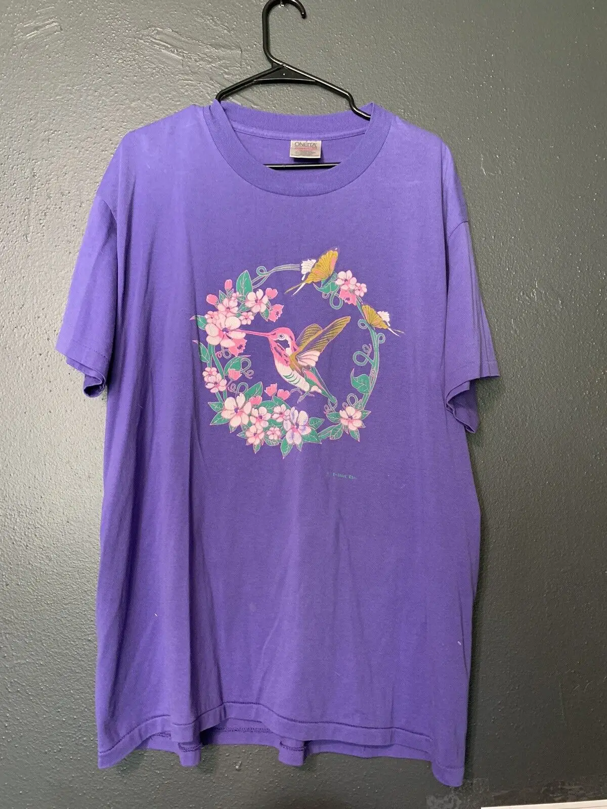 Vintage Single Stitcg Hummingbird Garden Flower T Shirt XL