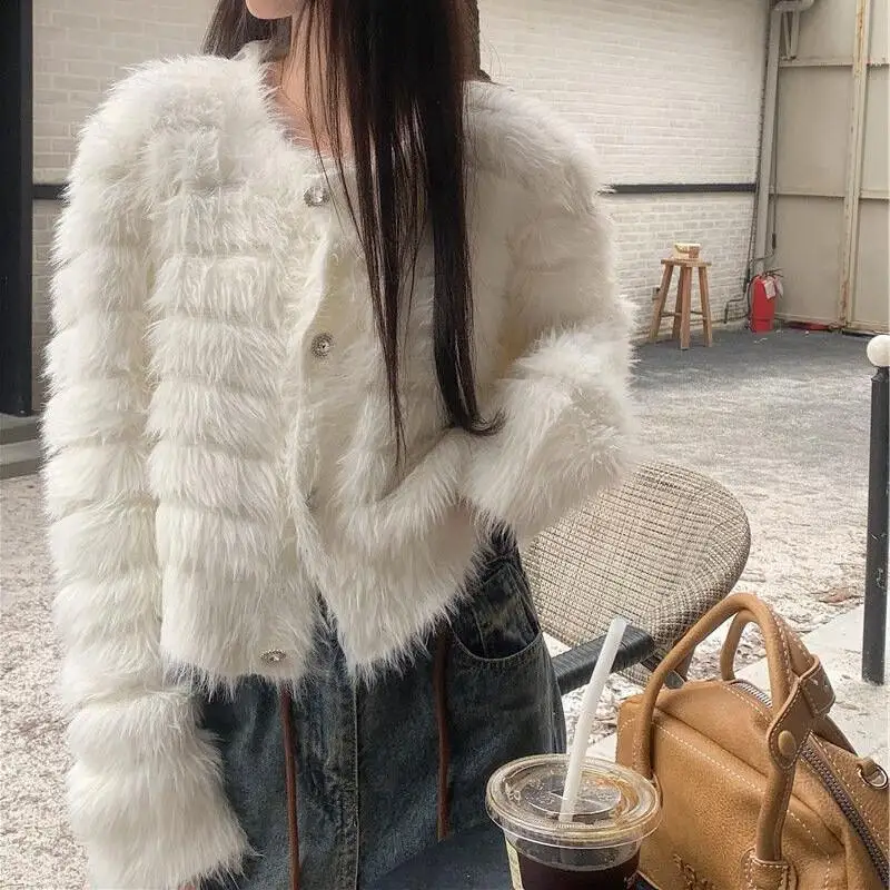 

Осенне-зимняя одежда из искусственной норки в корейском стиле, мягкий пушистый короткий однотонный кардиган с тонкой полоской, свитер, пальто для