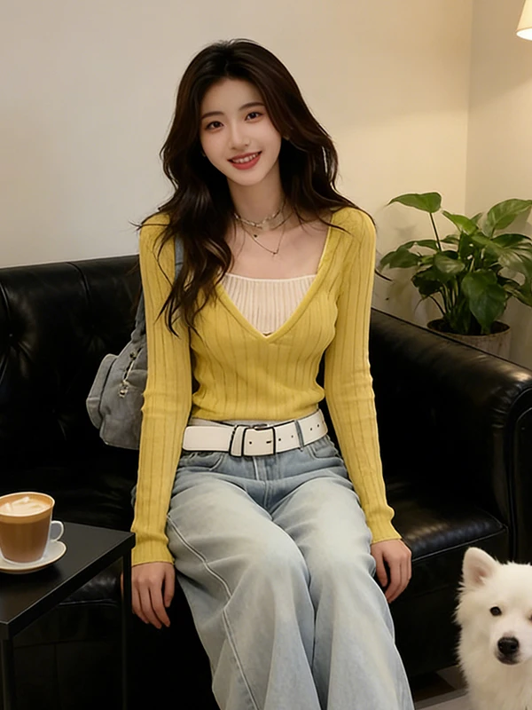 

Unique Beautiful Color Blo Long Sve Knitted Sweater Women's Slim Fit Base Layer Inner Wear Top Casual Sle Spring New