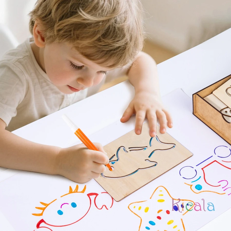 Diy montessori criança desenho livro para colorir conjunto pintura estênceis modelo artesanato de madeira quebra-cabeça educacional presente das crianças