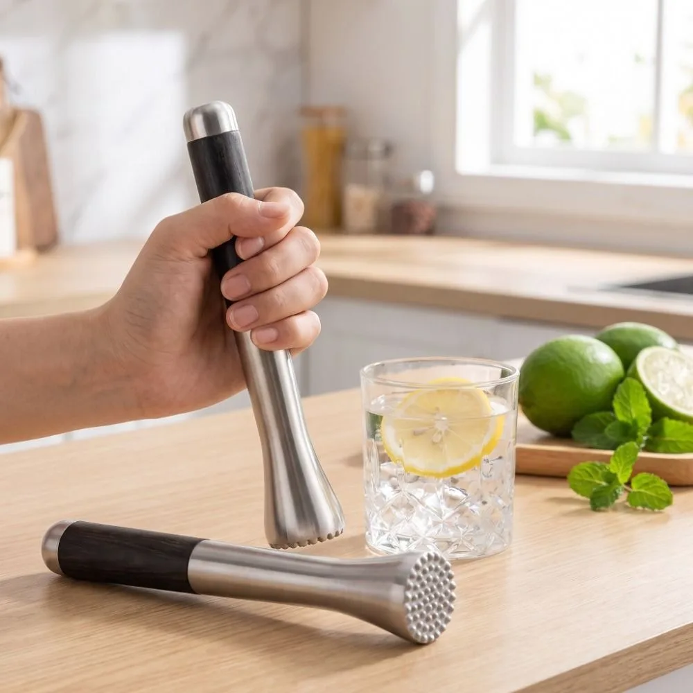 304 Stainless Steel Ice Crusher Anti-Slip Wood Handle Ergonomic Cocktail Muddler Hand Press Labour Saving Lemon Squeezer
