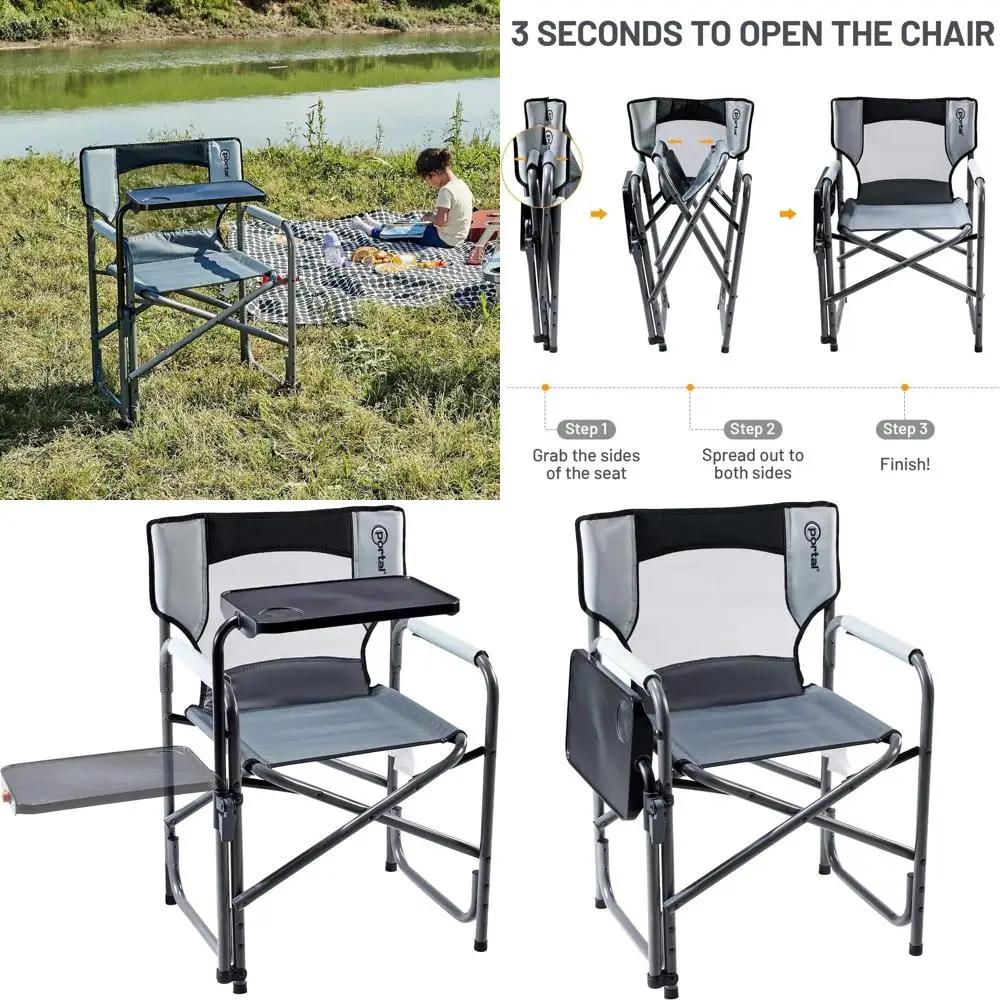 

Tablet Table Camping Directors Chair, Foldable Camp Chair with 2-Way Rotatable Side Table, Outdoor Folding Chairs for Adults, He