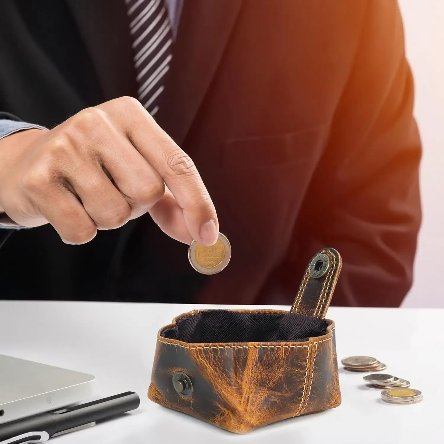 Picture 3: Leather Coin Pouch - Compact Change Holder and Mini Pocket Wallet for Men & Women (Antique Brown)