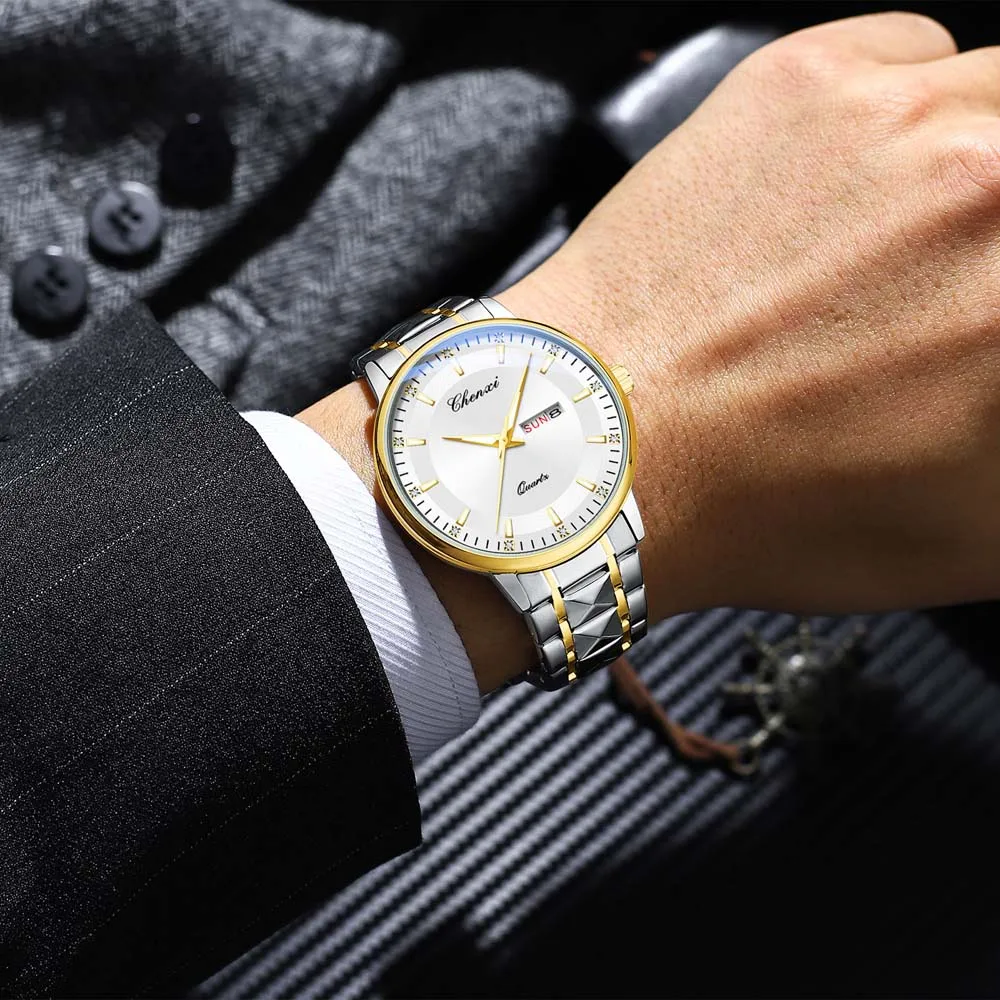 CHENXI Men's Quartz Business Casual Watch Minimalist Stainless Steel Strap Luminous Date Curved Mirror Display Man Watches