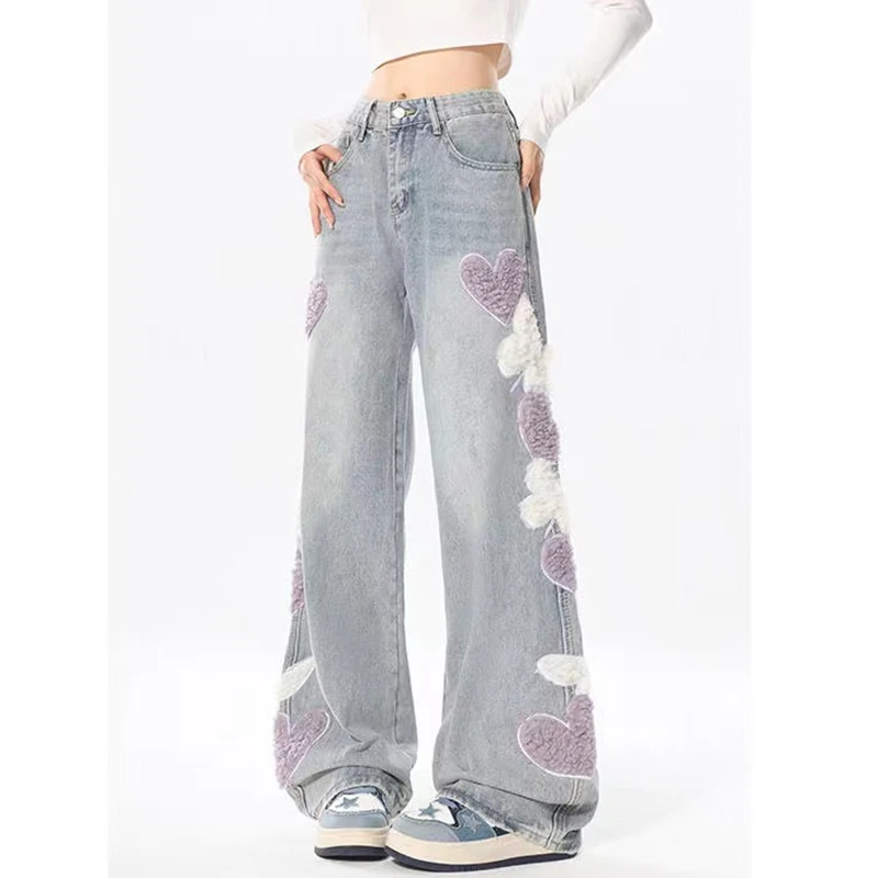 American Fuzzy Heart Applique Jeans Women Fall Winter High Waist Chic Wide Leg Jeans Fashion Loose Female Straight Trouser New